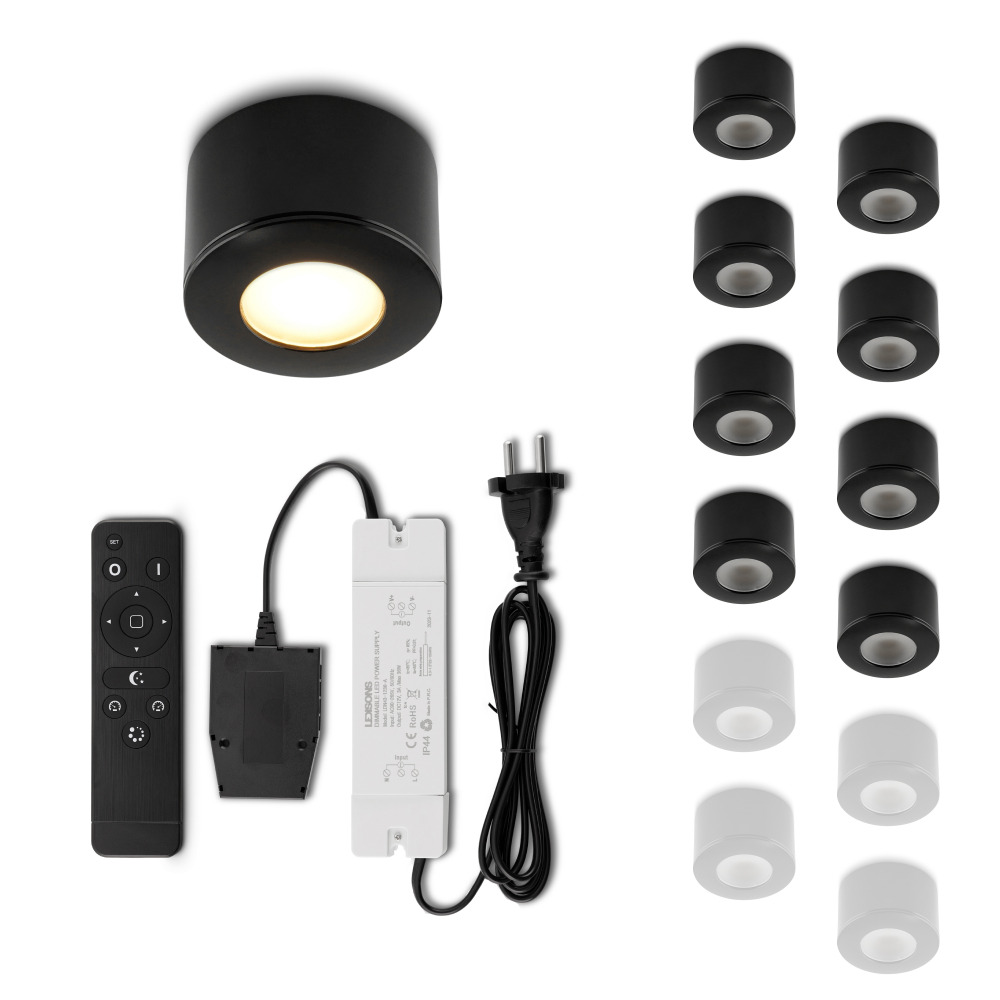 Set LED-opbouwspot met afstandsbediening Parma zwart 3W dimbaar 1-12 stuks