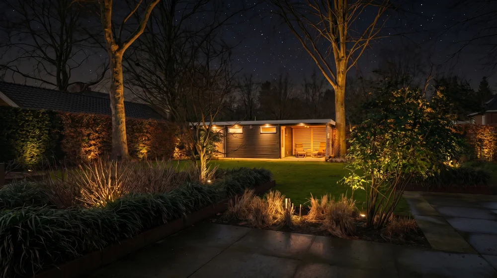 Tuinverlichting met accentlicht bij planten, bomen en terras geeft de achtertuin diepte en warme sfeer