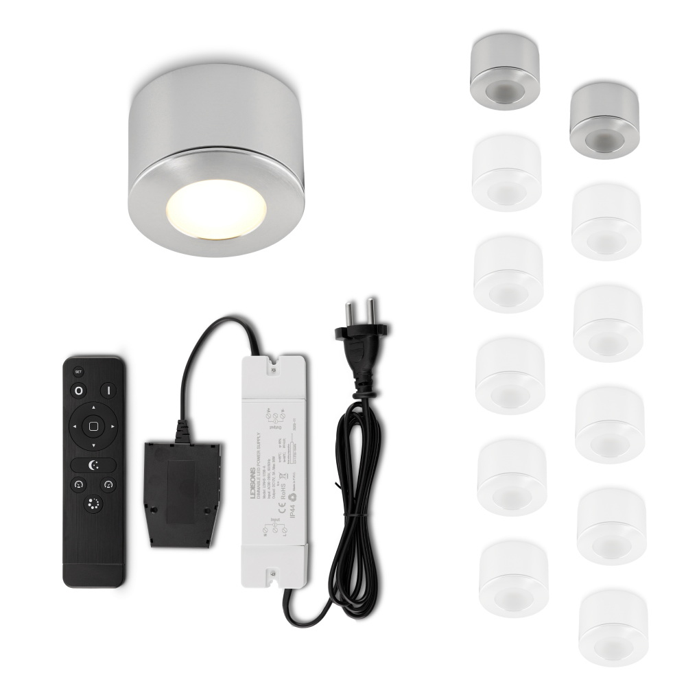 Set LED-opbouwspot met afstandsbediening Parma zilver 3W dimbaar 1-12 stuks