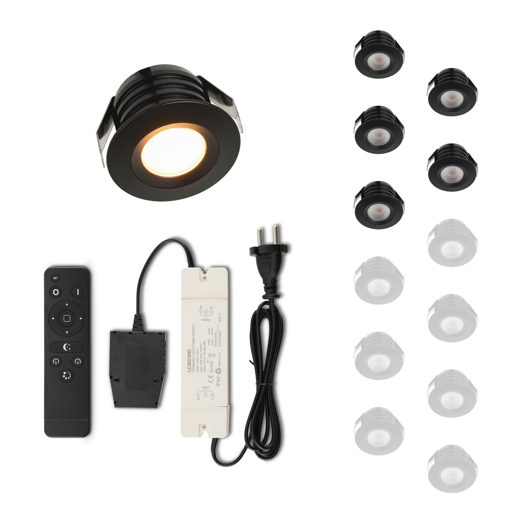 Set LED-inbouwspot met afstandsbediening Valdeno zwart 3W dimbaar 1-12 stuks