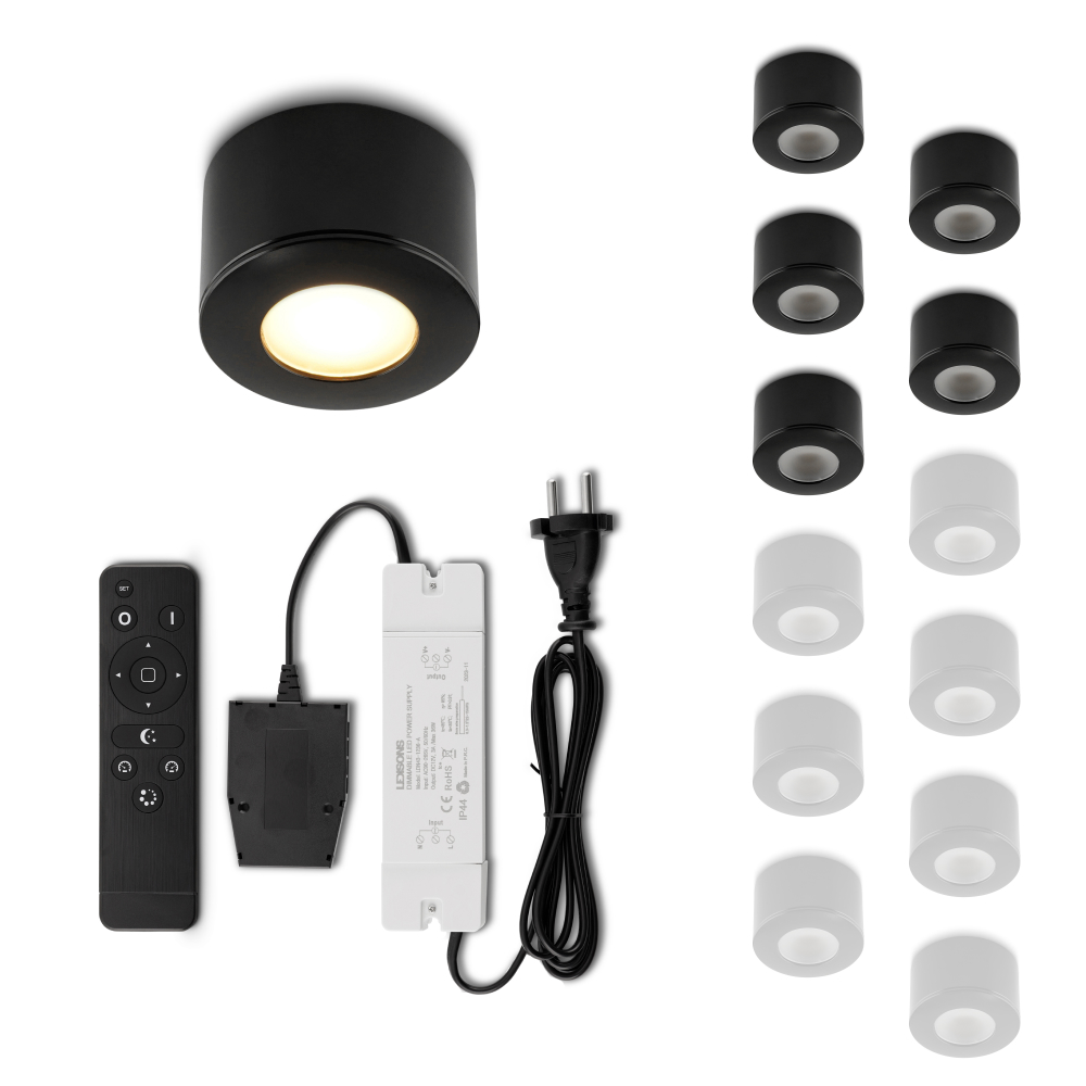Set LED-opbouwspot met afstandsbediening Parma zwart 3W dimbaar 1-12 stuks