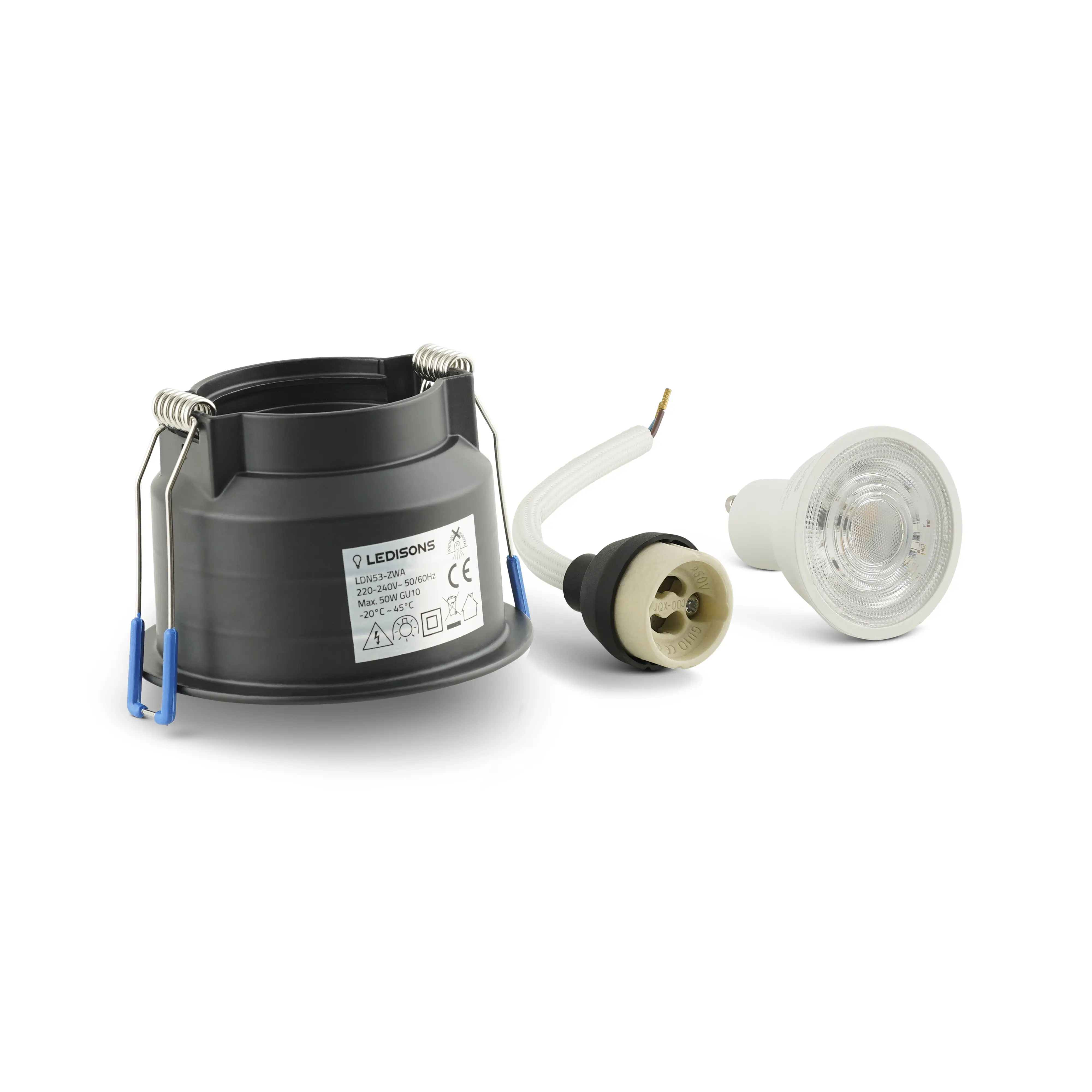 Complete zwarte set met diep ingezonken spot, GU10 lamp en fitting voor een luxe en strakke afwerking.