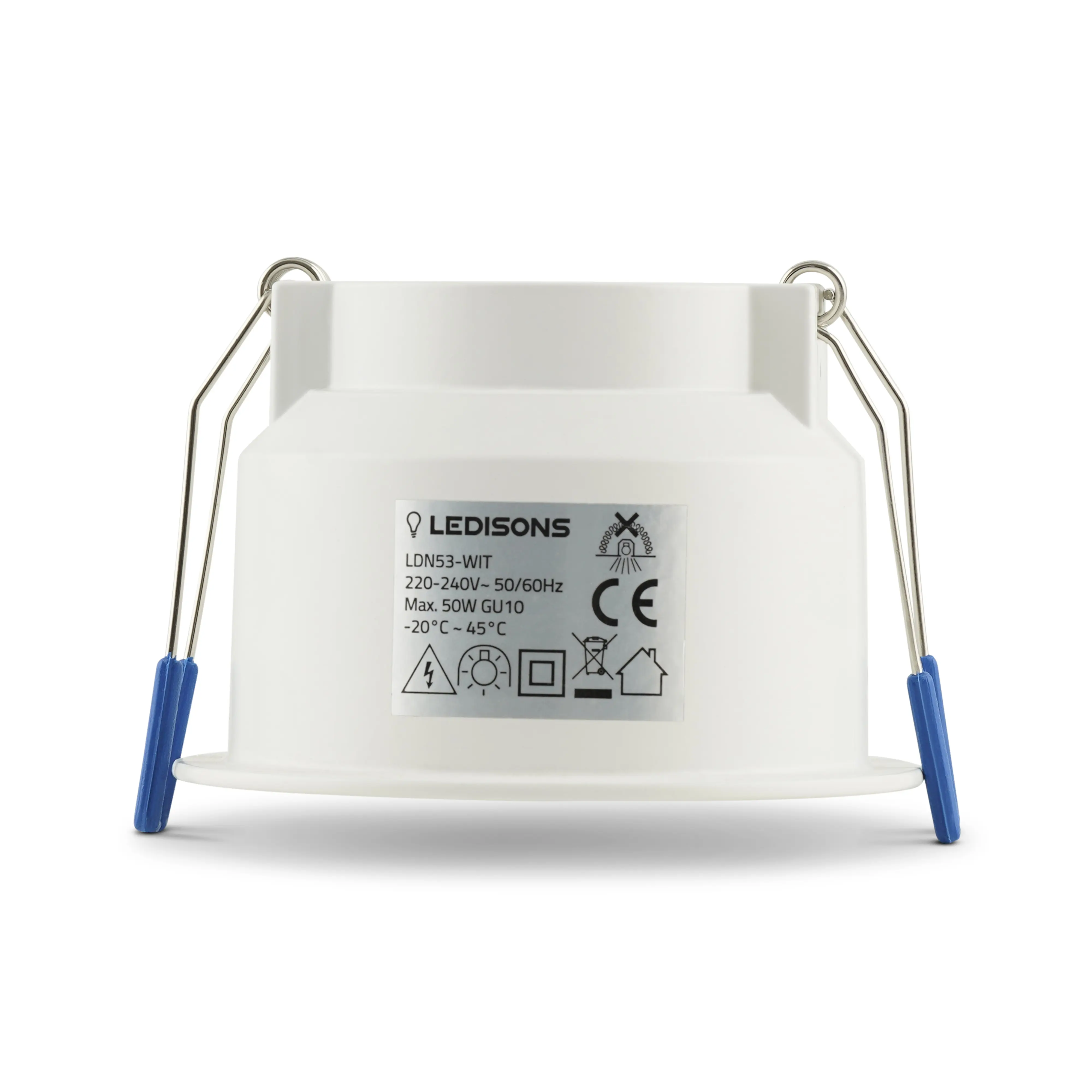 Wit GU10 inbouwarmatuur met veerklemmen en diepe behuizing voor nette montage in een modern plafond.