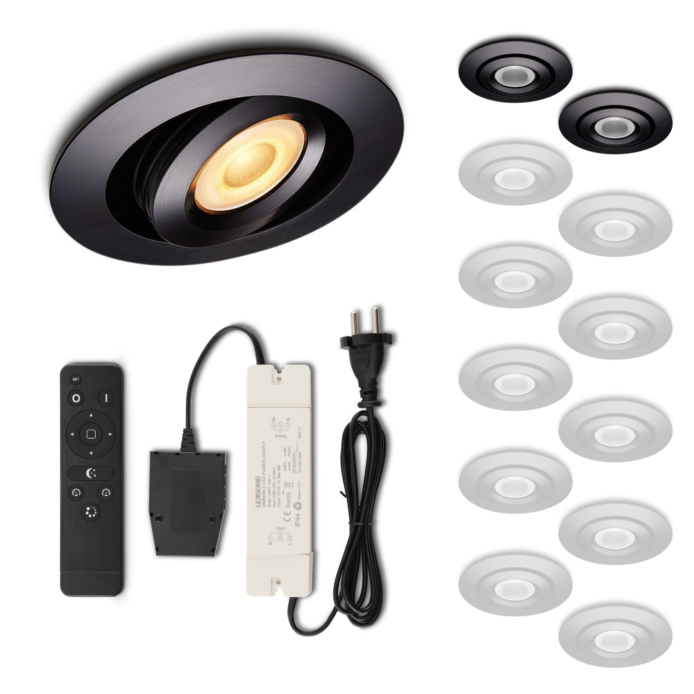 Set LED-inbouwspot met afstandsbediening Piccolo zwart 3W dimbaar IP44 1-12 stuks