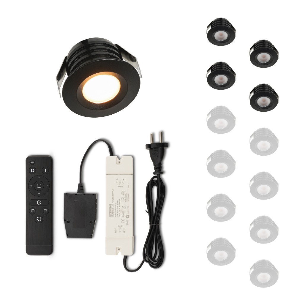 Set LED-inbouwspot met afstandsbediening Valdeno zwart 3W dimbaar 1-12 stuks