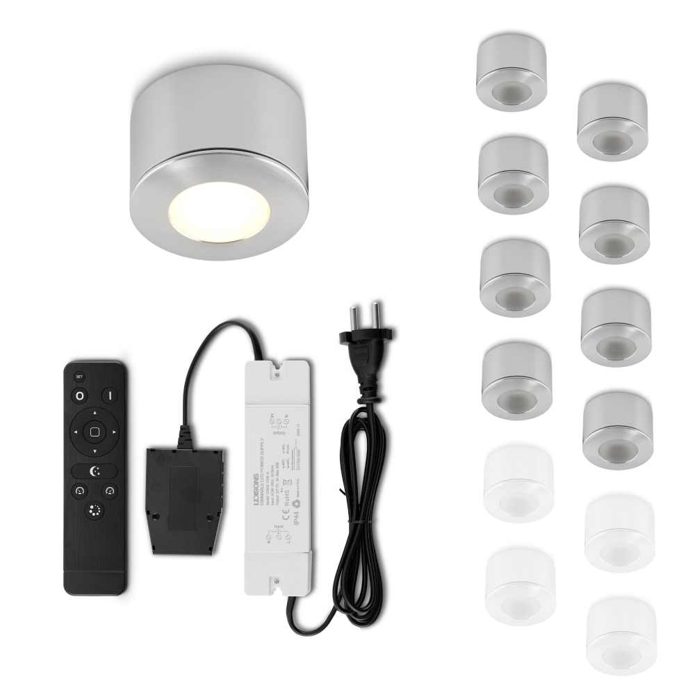 Set LED-opbouwspot met afstandsbediening Parma zilver 3W dimbaar 1-12 stuks