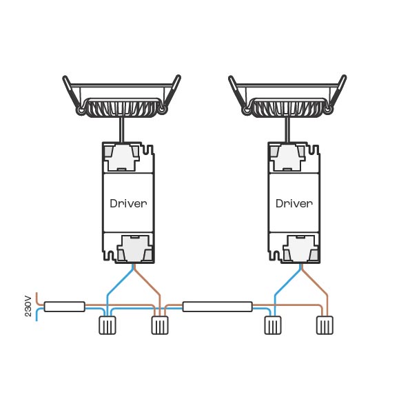 Installatieschema voor meerdere LED-inbouwspots Vivaro parallel aangesloten op één schakelaar of dimmer