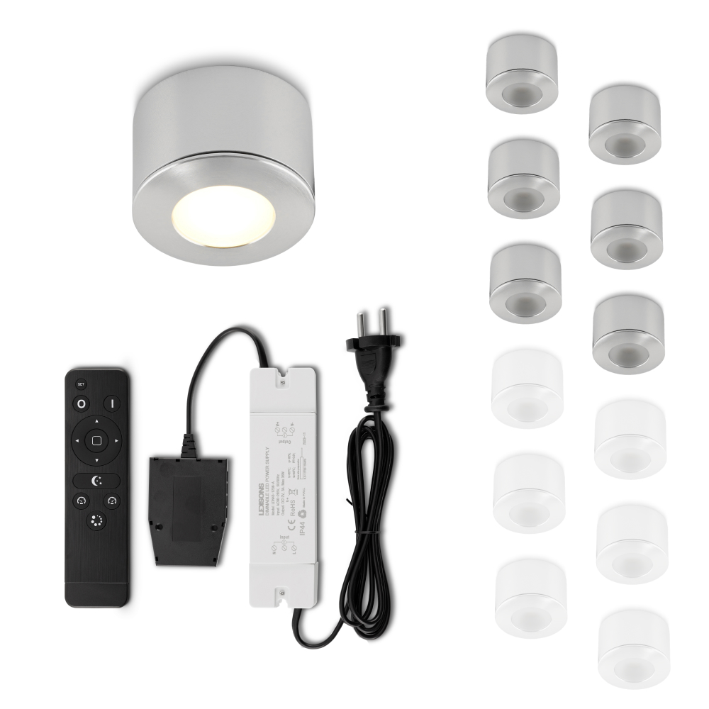 Set LED-opbouwspot met afstandsbediening Parma zilver 3W dimbaar 1-12 stuks