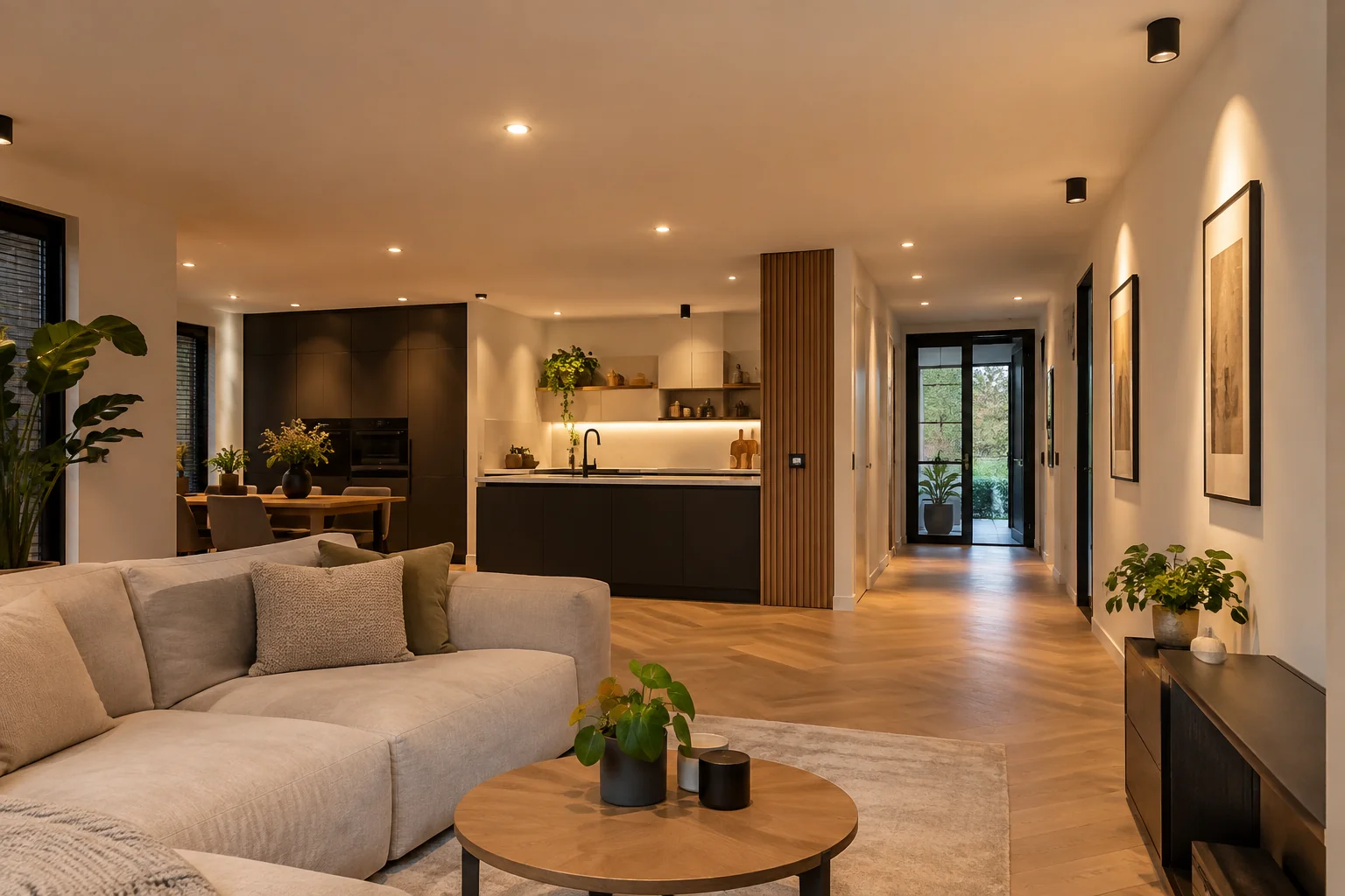 Woonkamer en keuken verlicht met verschillende plafondspots