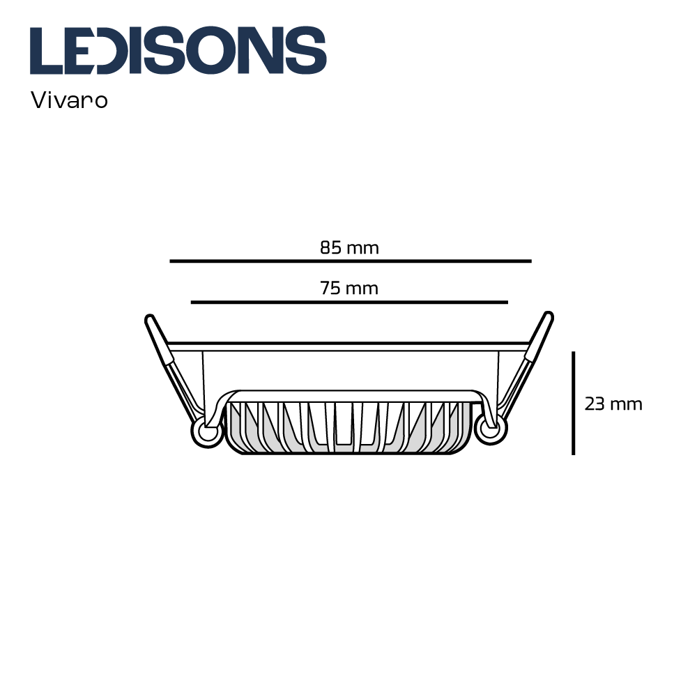 Technische tekening van LED-inbouwspot Vivaro met super lage inbouwdiepte van 23 mm, diameter 85 mm en gatmaat 75 mm