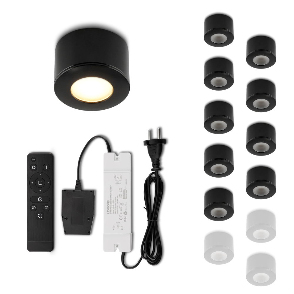 Set LED-opbouwspot met afstandsbediening Parma zwart 3W dimbaar 1-12 stuks