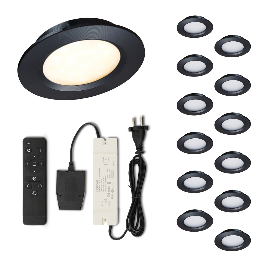 Set LED-inbouwspot met afstandsbediening Modena zwart 3W dimbaar 1-12 stuks