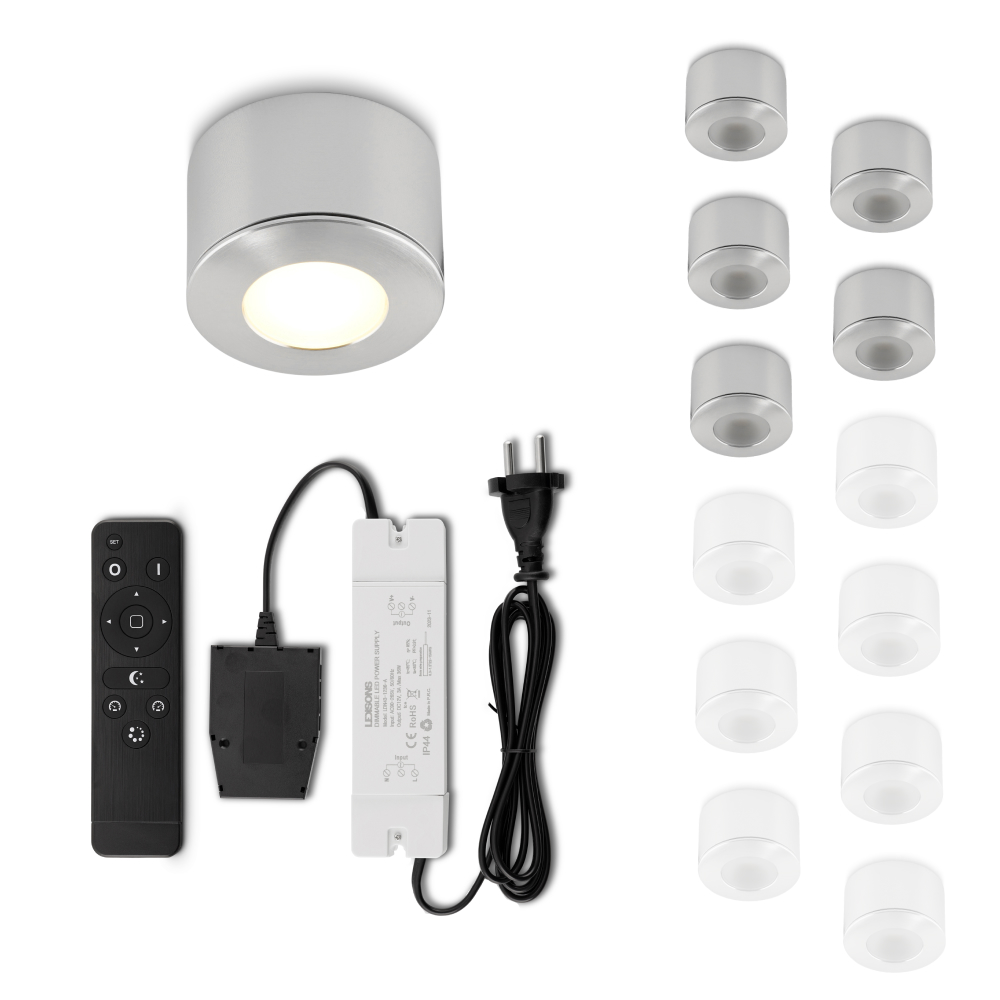 Set LED-opbouwspot met afstandsbediening Parma zilver 3W dimbaar 1-12 stuks