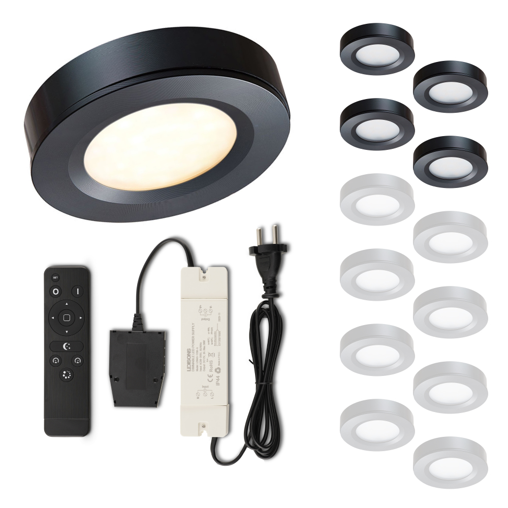 Set LED-opbouwspot met afstandsbediening Adria zwart 3W dimbaar 1-12 stuks