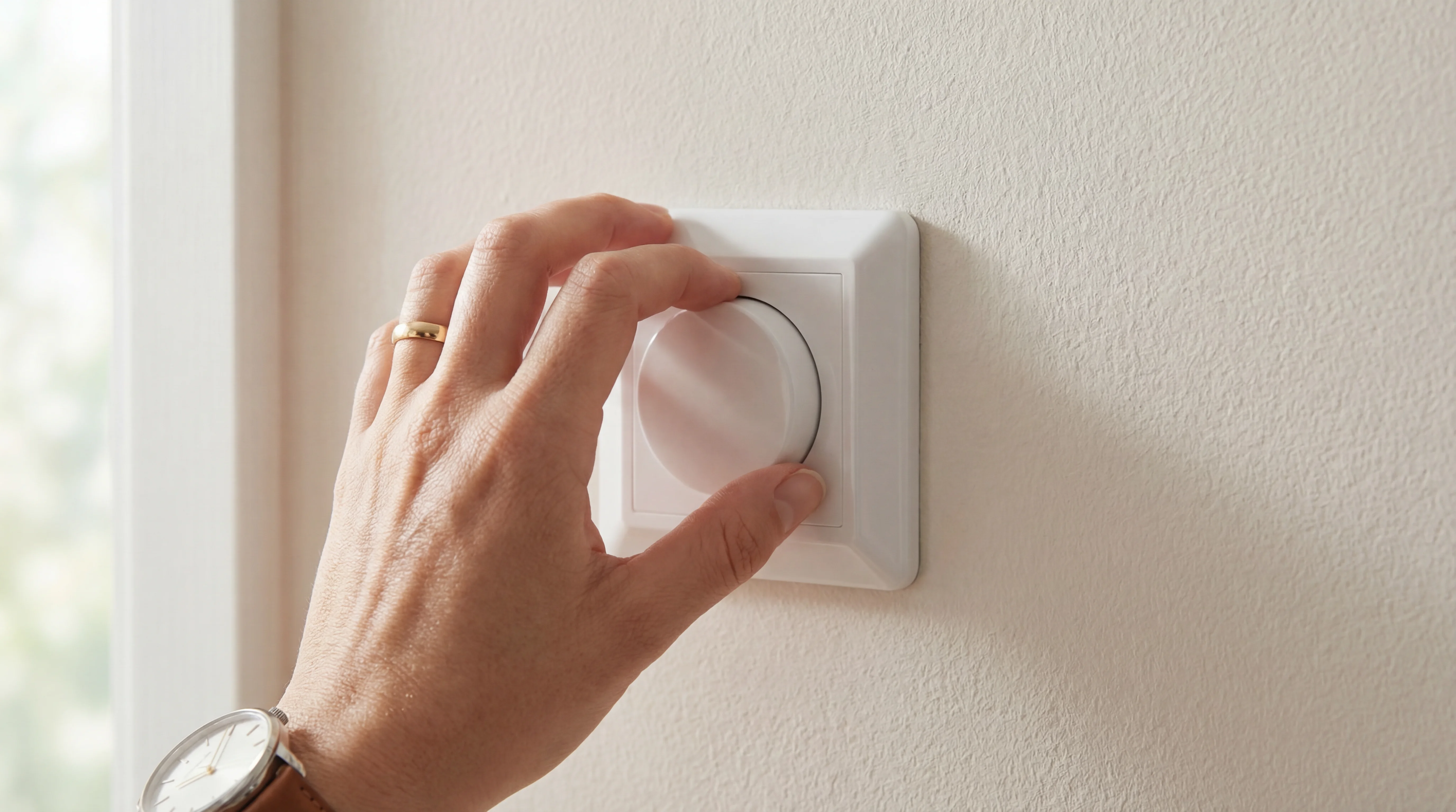 Hand draait aan een witte LED-dimmer om de lichtsterkte in huis aan te passen
