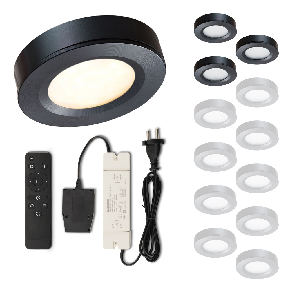 Set LED-opbouwspot met afstandsbediening Adria zwart 3W dimbaar 1-12 stuks