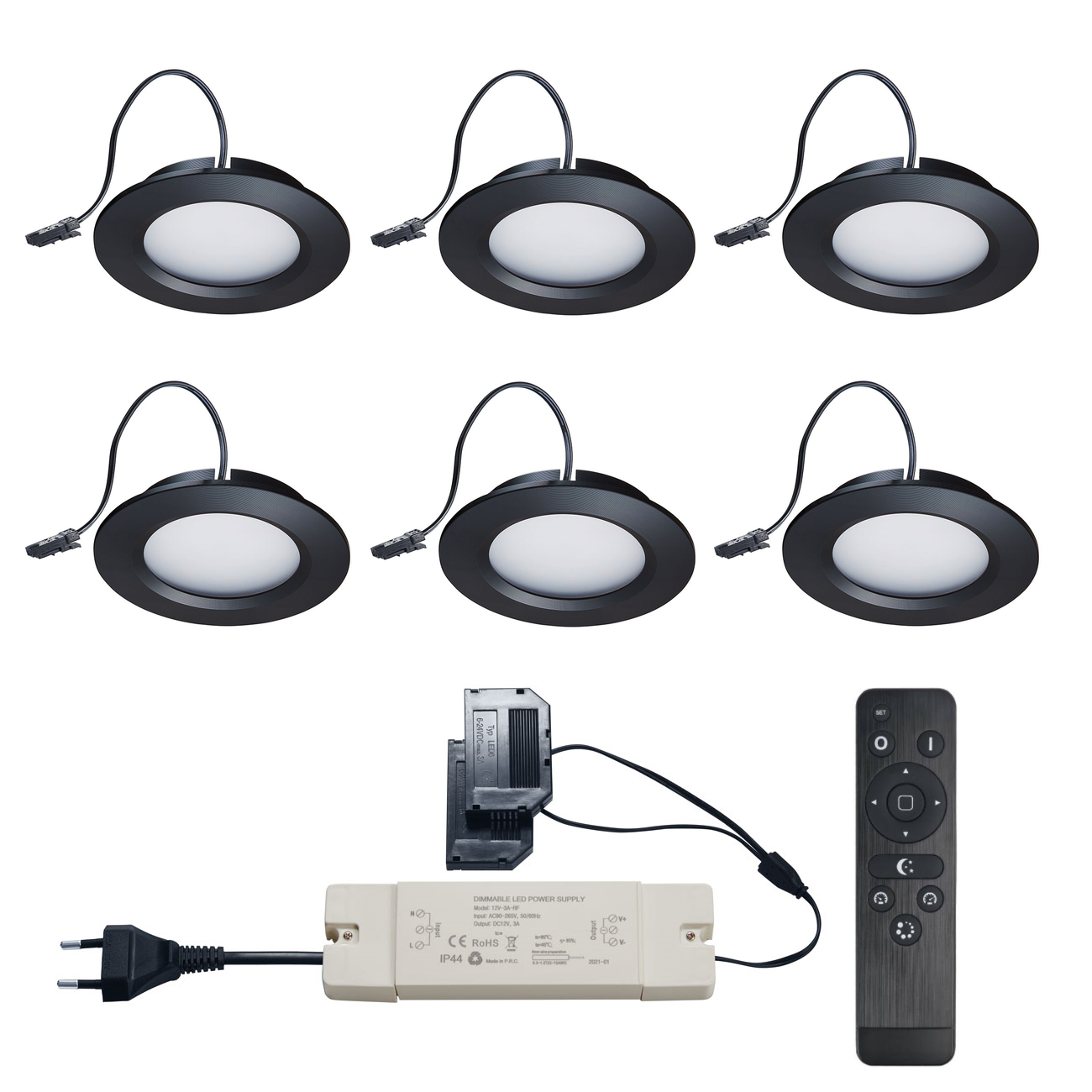 Ledisons Set LED-inbouwspot met afstandsbediening zwart 3W dimbaar IP44 1-12 stuks